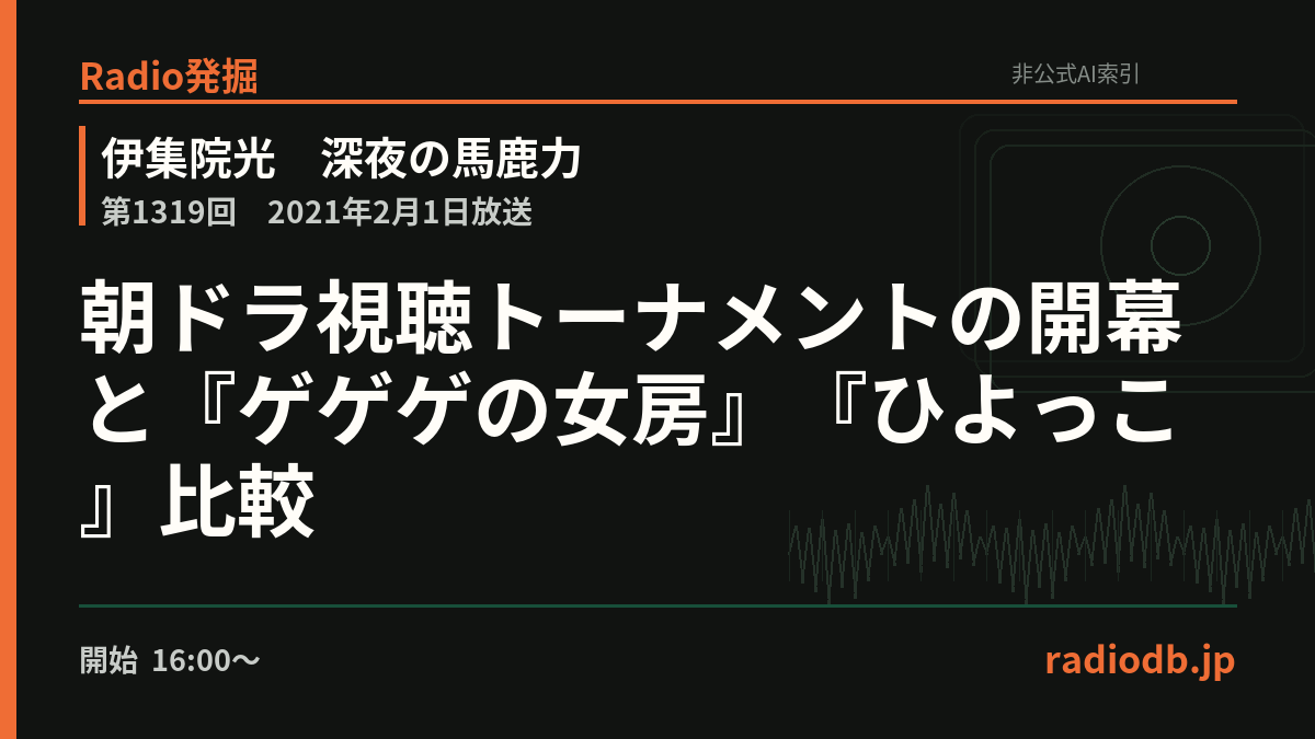 radiodb_jp's tweet photo. NHKオンデマンドで朝ドラ���見始めた伊集院。『ゲゲゲの女房』と『ひよっこ』を比べ、トーナメント初戦はまさかの再試合に。どちらも続きが気になる展開で、勝敗を決められなかったと話していた。

第1319回 / 2021年2月1日 / 16:00ごろ

Radio発掘で掘る
https://t.co/TAWVh99SaM https://t.co/cp4GyXLHxD