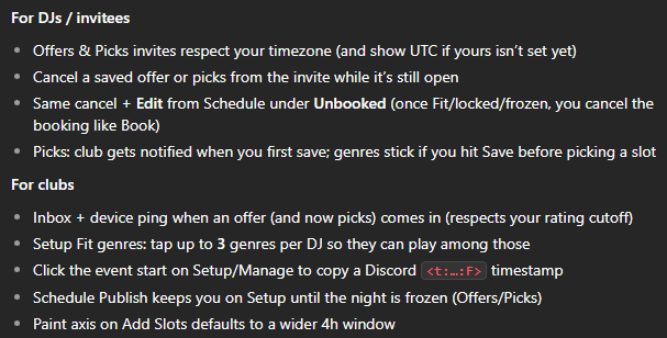 performvr_app's tweet photo. Today's PERFORMVR updates: Offers &amp; Picks invites now match your timezone (UTC if unknown), you can cancel or edit unbooked offers/picks from the invite or Schedule, clubs get notified on new offers/picks, and Setup Fit can lock in up to 3 genres per DJ. Also more. https://t.co/s0UATeN289