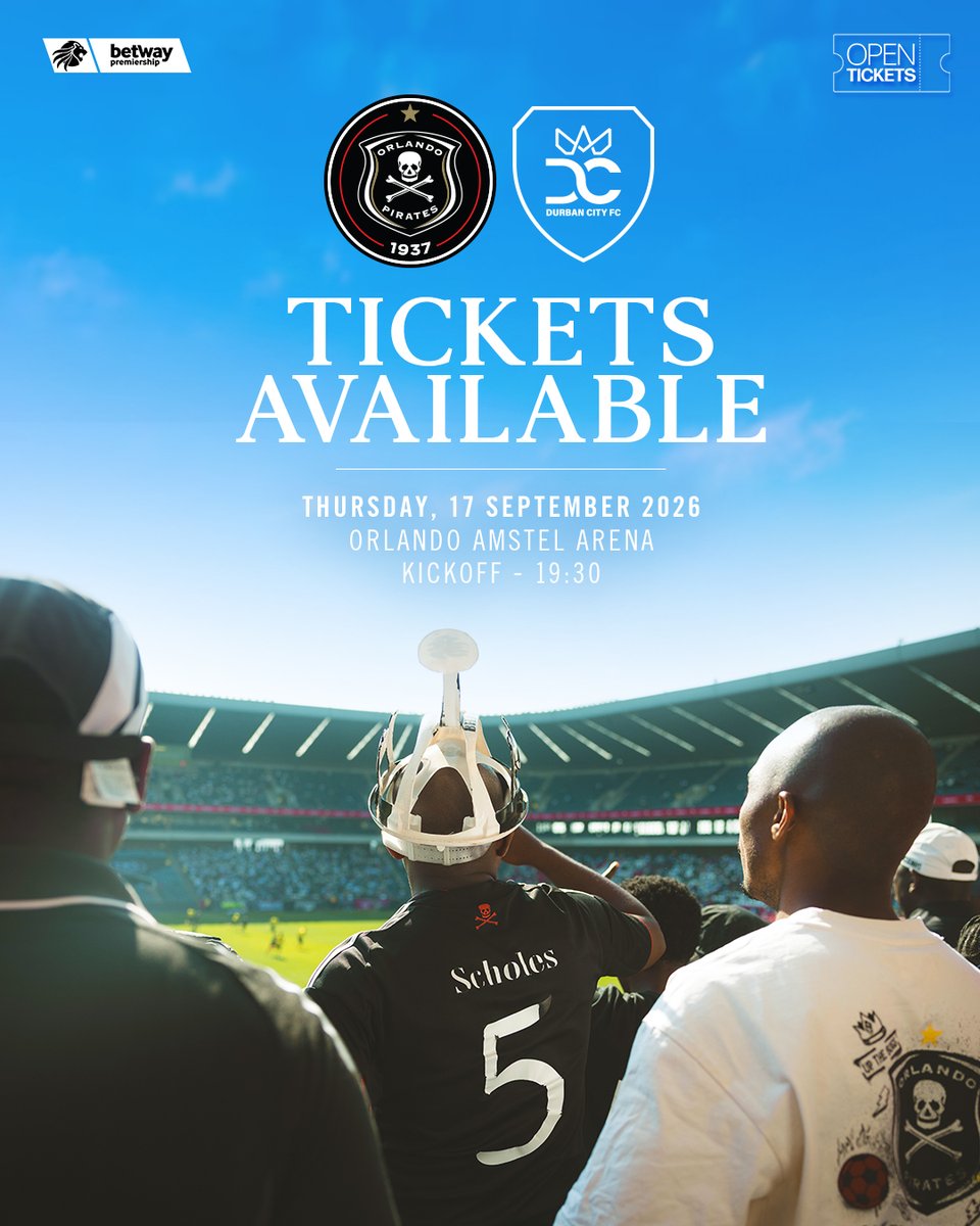 orlandopirates's tweet photo. 𝐓𝐈𝐂𝐊𝐄𝐓𝐒 𝐀𝐕𝐀𝐈𝐋𝐀𝐁𝐋𝐄

🆚 @DurbanCity_FC 
🗓 Thursday, 17 September 2026
🎟 https://t.co/xbxkyh25ae
🏷 R100 | Super Suite Options Available
🏟 Orlando Amstel Arena

⚫⚪🔴⭐
#OrlandoPirates
#OnceAlways https://t.co/63Ioch77Iq
