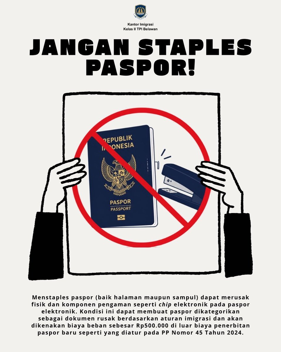 imi_belawan's tweet photo. Halo Sobat IBAN! 👋

📕 JANGAN STAPLES PASPOR!

Paspor adalah dokumen negara yang harus dijaga dengan baik. Hindari menstaples paspor karena dapat merusak halaman dan berpotensi mengganggu kondisi fisik dokumen perjalanan.

#kemenimipas #dirjenimigrasi https://t.co/1xS4CXlF3q