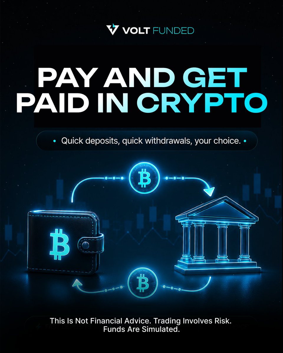 VoltFunded's tweet photo. Deposit and withdraw using crypto, on your schedule. One less thing standing between you and trading.

⚠️ Trading is risky. Not financial advice

#VoltFunded #VoltFunder #PropTrading #PropFirm #FundedTrader #ForexTrading #Trading #GetFunded https://t.co/NSRvLC2ego
