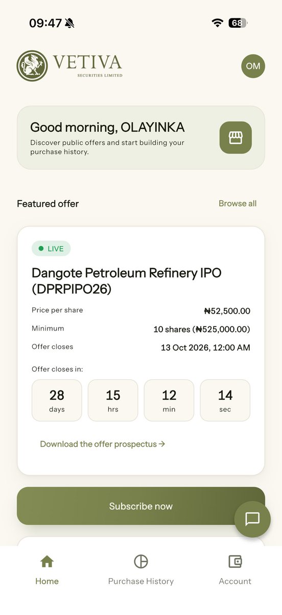 Shakesingz's tweet photo. @vetivaonline you need to double check your app because per share according to @DangoteGroup announcement is 525 NGN but your app is placing 10 shares at 52500 instead of 5250 NGN please reverify that. Thanks https://t.co/p8ZC3vxxOM