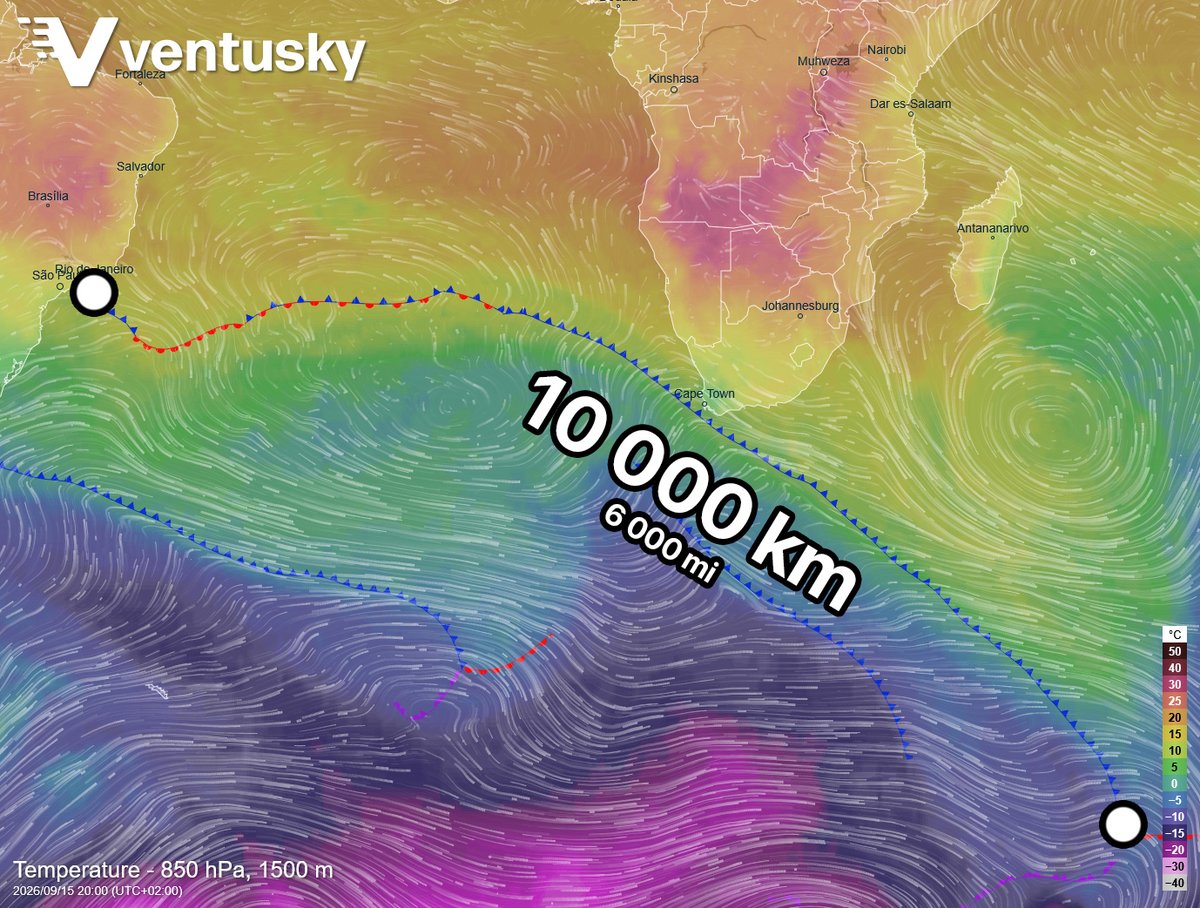 Ventuskycom's tweet photo. A vast frontal boundary will stretch across the Southern Hemisphere tomorrow, from Antarctica through Cape Town all the way to Rio de Janeiro. 🤓 The entire system will span an impressive 10,000 km, beautifully illustrating just how interconnected our weather is. 🤗 It will bring heavy rainfall to both major cities. Cape Town and southern Africa will also see powerful wind gusts and high waves: https://t.co/Sk6uG63Xoj