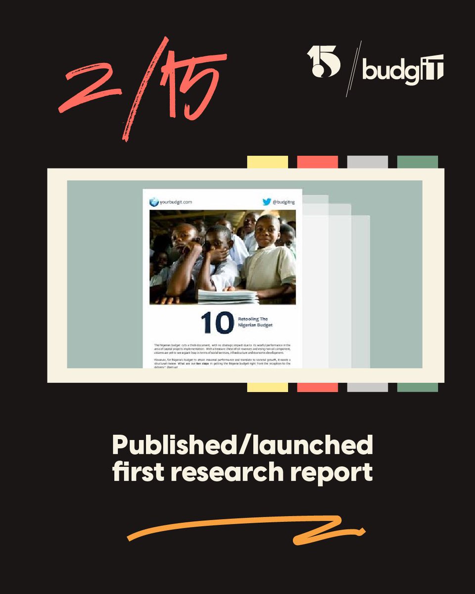 BudgITng's tweet photo. #15of15

Today, it is easy to see how much was budgeted for a project, check whether the project was completed or find out how government is spending public money.

It’s easy to forget that a decade and half ago, public finance data was simply inaccessible.

Fifteen years ago, BudgIT started with an idea: that citizens should be able to understand how public money is planned, allocated and spent.

🧵

#BudgITAt15 #GetInvolved #AskQuestions #FollowTheMoney