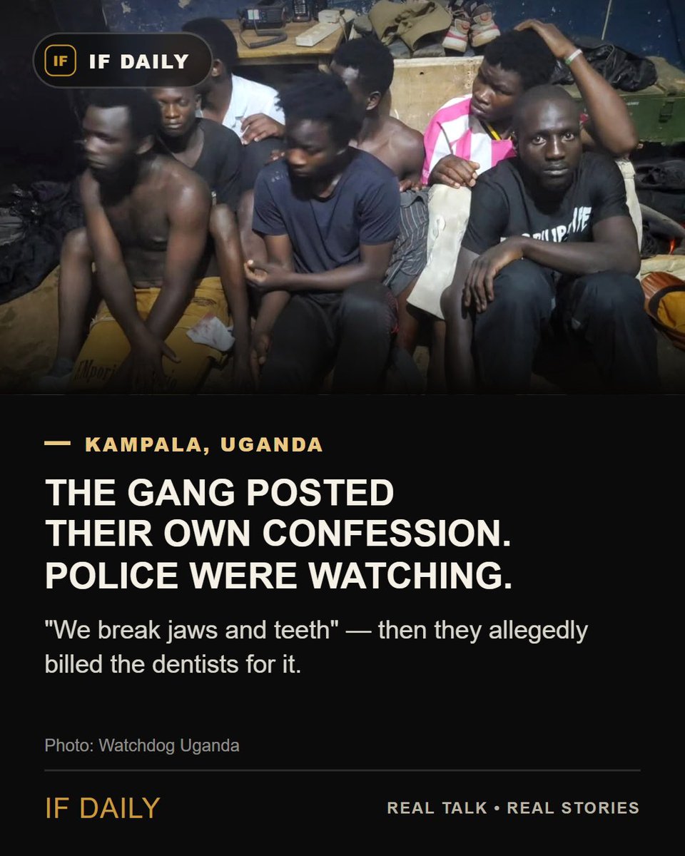 ifdailyofficial's tweet photo. A Kampala gang filmed themselves bragging "we break jaws and teeth" and demanding a cut of dentist bills from their own victims. Police used the video to arrest 8 of them.
Full story: https://t.co/N1VS4AKeuQ https://t.co/QrrIALXFtI