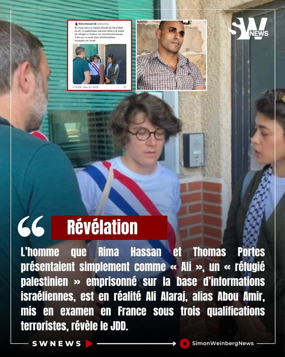 SlMONWEINBERG's tweet photo. 🔴🇫🇷💣 | RÉVÉLATION > L’homme que Rima Hassan et Thomas Portes présentaient simplement comme « Ali », un « réfugié palestinien » emprisonné sur la base d’informations israéliennes, est en réalité Ali Alaraj, alias Abou Amir, mis en examen en France sous trois qualifications terroristes, révèle le JDD. 

Le 25 mai, Rima Hassan, les élus LFI, lui rendent visite à la maison d’arrêt d’Osny. Sont présents les Insoumis Gabrielle Cathala, Thomas Portes, Rima Hassan ainsi que la député écologiste Sabrina Sebaihi accompagnée de son attaché parlementaire et un collaborateur d’Aurélien Taché. Avec eux, six journalistes du Monde, France Inter, Blast, Mediapart et Politis. incarcération. 

À peine sortie de l’établissement, Rima Hassan avait publié un message dénonçant un prétendu acharnement contre un « réfugié palestinien », affirmant que les accusations provenaient de « l’État colonial israélien ». 

Or Ali Alaraj est mis en examen pour association de malfaiteurs terroriste, financement d’une entreprise terroriste et complicité de tentatives d’assassinat en relation avec une entreprise terroriste.

Plus explosif encore : une note de la DGSI transmise à l’Ofpra le décrit comme un ancien chef de section des « Faucons du Fatah », ramification des Brigades des martyrs d’Al-Aqsa, organisation inscrite sur la liste antiterroriste de l’UE. Son statut de réfugié lui a été retiré en février 2025. 

Les Brigades des martyrs d’Al-Aqsa font par ailleurs partie des groupes armés palestiniens identifiés comme ayant participé aux attaques du 7-Octobre.

📌 Les députés insoumis ont-ils détourné leur droit de visite parlementaire ? Une visite parlementaire destinée à contrôler les conditions de détention peut-elle être utilisée pour soutenir un individu poursuivi pour terrorisme ? 

#RimaHassan #ThomasPortes #LFI #DGSI #Terrorisme