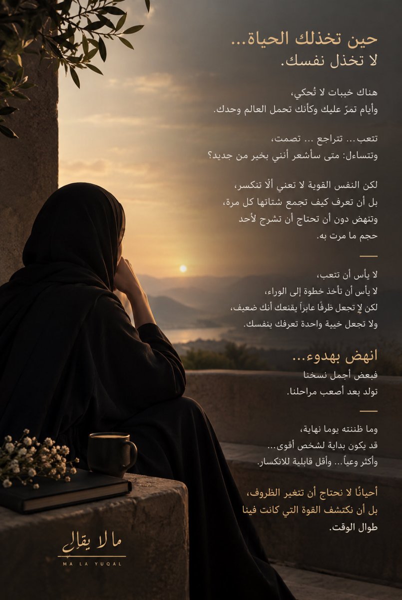 Amna6683's tweet photo. حين تخذلك الحياة… لا تخذل نفسك👌

هناك خيبات لا تحكى
وأيام تمر عليك وكأنك تحمل العالم وحدك

تتعب… تتراجع… تصمت
وتتساءل: متى سأشعر أنني بخير من جديد؟

لكن النفس القوية لا تعني ألا تنكسر
بل أن تعرف كيف تجمع شتاتها كل مرة
وتنهض دون أن تحتاج أن تشرح لأحد حجم ما مرت به. https://t.co/OfXMqHuz2f