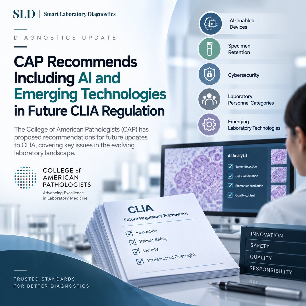 SmartLabDx86's tweet photo. Diagnostics Update | AI Regulation

As AI and emerging technologies move deeper into clinical laboratories, regulation is beginning to catch up.

The College of American Pathologists (CAP) has submitted recommendations for future updates to CLIA, covering AI-enabled devices, cybersecurity, specimen retention and emerging laboratory technologies. CAP emphasizes that AI should assist—not replace—professional diagnostic interpretation, with pathologists retaining responsibility for patient care decisions.

The message is clear: future laboratory regulation will need to balance innovation, quality and patient safety.
🔗 Source: CAP https://t.co/D517iDW7CV

#ArtificialIntelligence #LaboratoryMedicine #CLIA #DigitalPathology #LaboratoryQuality #Diagnostics