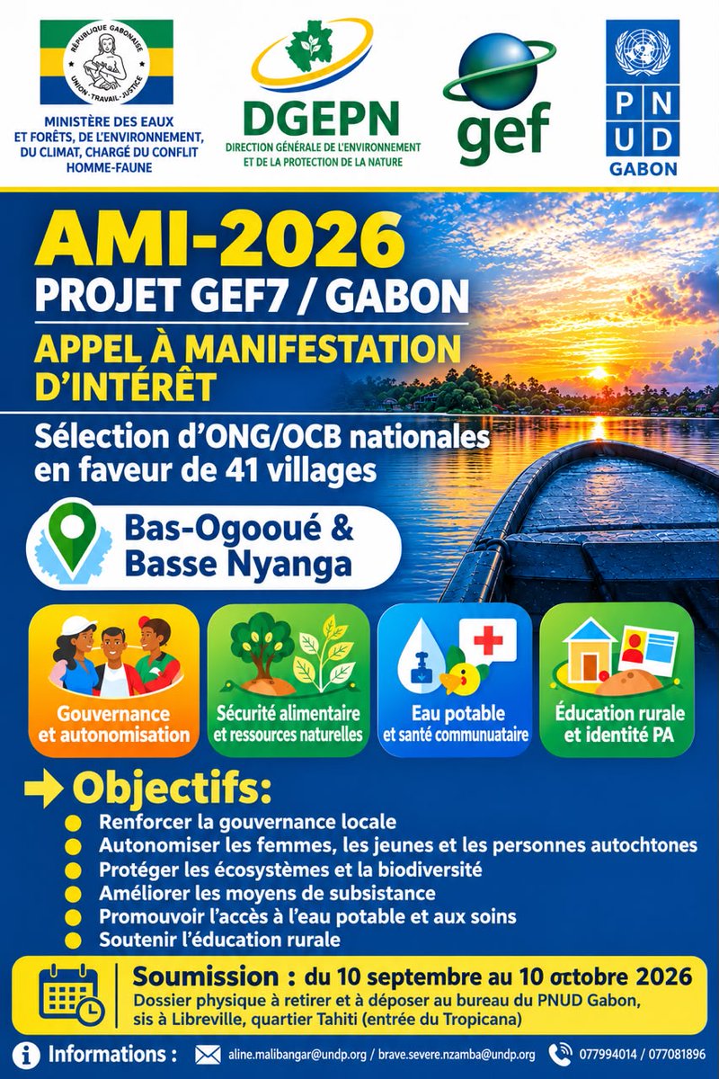 undpgabon's tweet photo. Le PNUD Gabon recherche des ONG et OCB pour s'associer au projet de soutien communautaire 2026! (Dépôt : du 10/09 au 10/10) 🌿 
#UNDP #Gabon #GEF7 https://t.co/CqG9uvkLAN