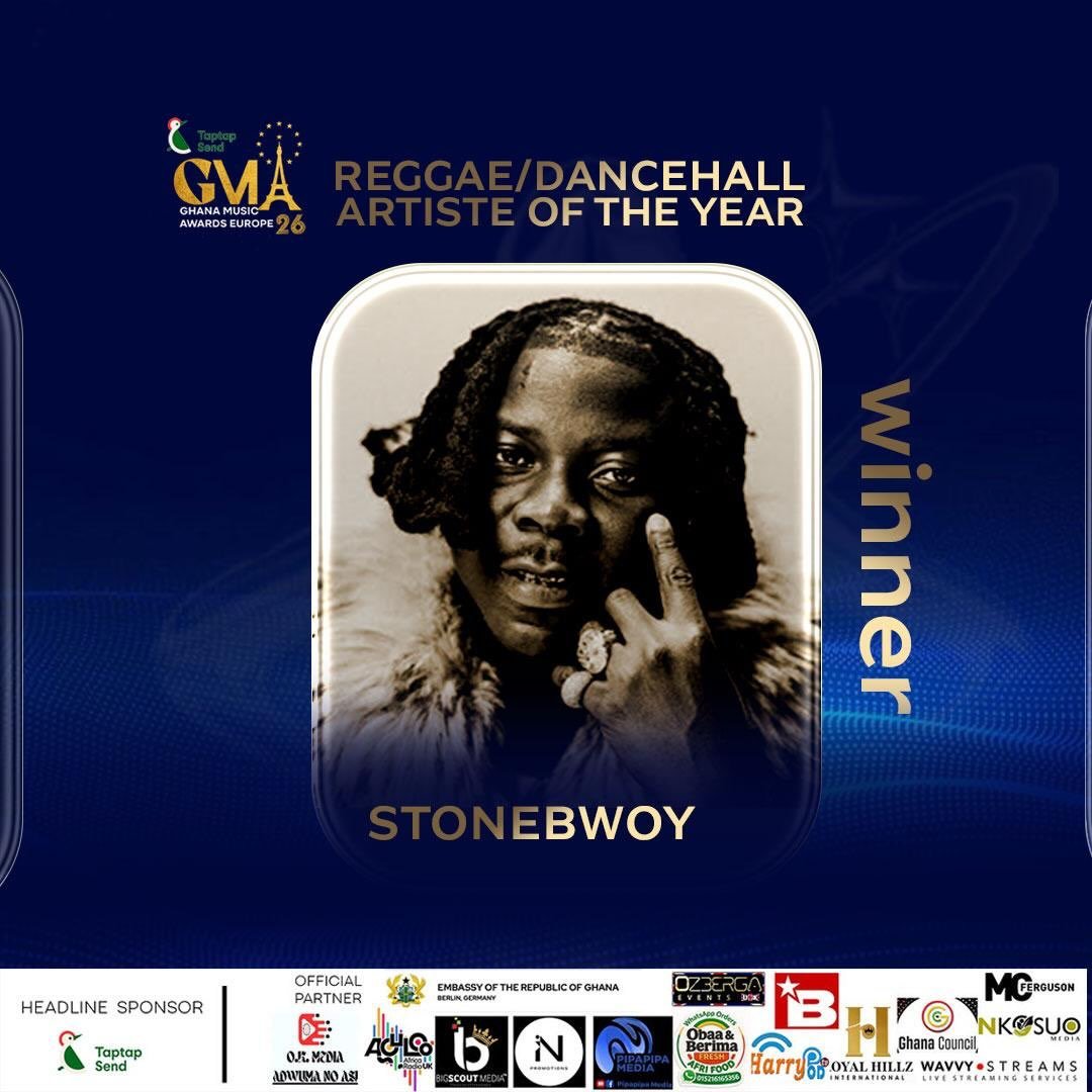kwesiriley_'s tweet photo. Stonebwoy has been crowned REGGAE/DANCEHALL ARTISTE OF THE YEAR at the Ghana Music Awards Europe for an unprecedented third time (2022, 2024, 2026).

a legacy that speaks for itself @stonebwoy 👑👏🏾

— a remarkable display of consistency, excellence and enduring influence in the Reggae/Dancehall genre.