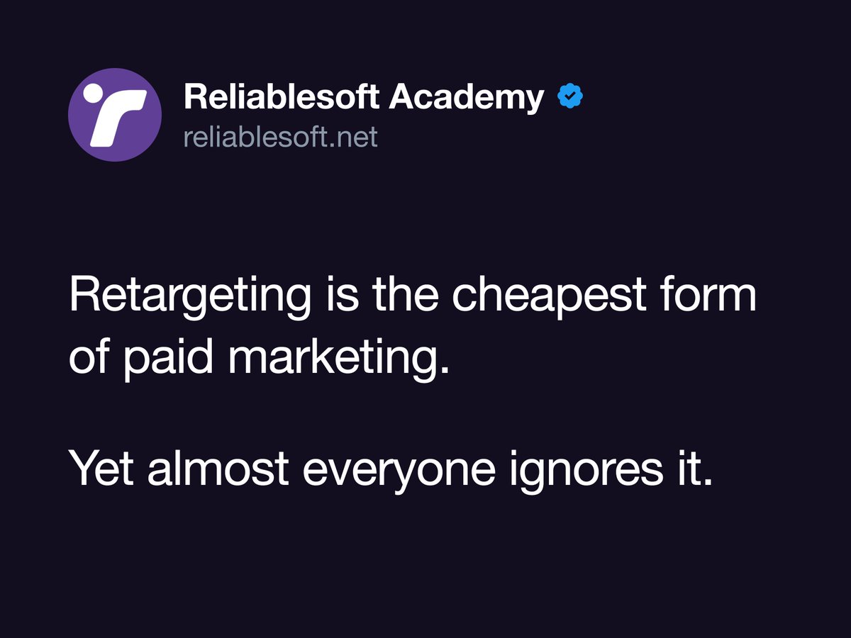 ReliablesoftNet's tweet photo. Reminder: Retargeting is the cheapest form of paid marketing. 

Create a Meta ads audience of your Instagram and Facebook engagers
Create a Google Ads audience of your website visitors and YouTube viewers
Run Low budget campaigns to bring them back https://t.co/0A5haTYDDt