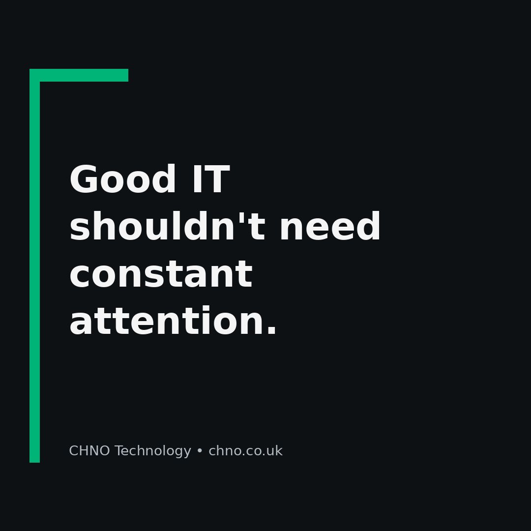 chnotechnology's tweet photo. Updates happen. Backups run. Security is maintained. Problems are noticed early.

Good IT shouldn't demand your attention all day.

It should mostly stay out of your way.

#SmallBusinessIT https://t.co/cstpBYdKV0