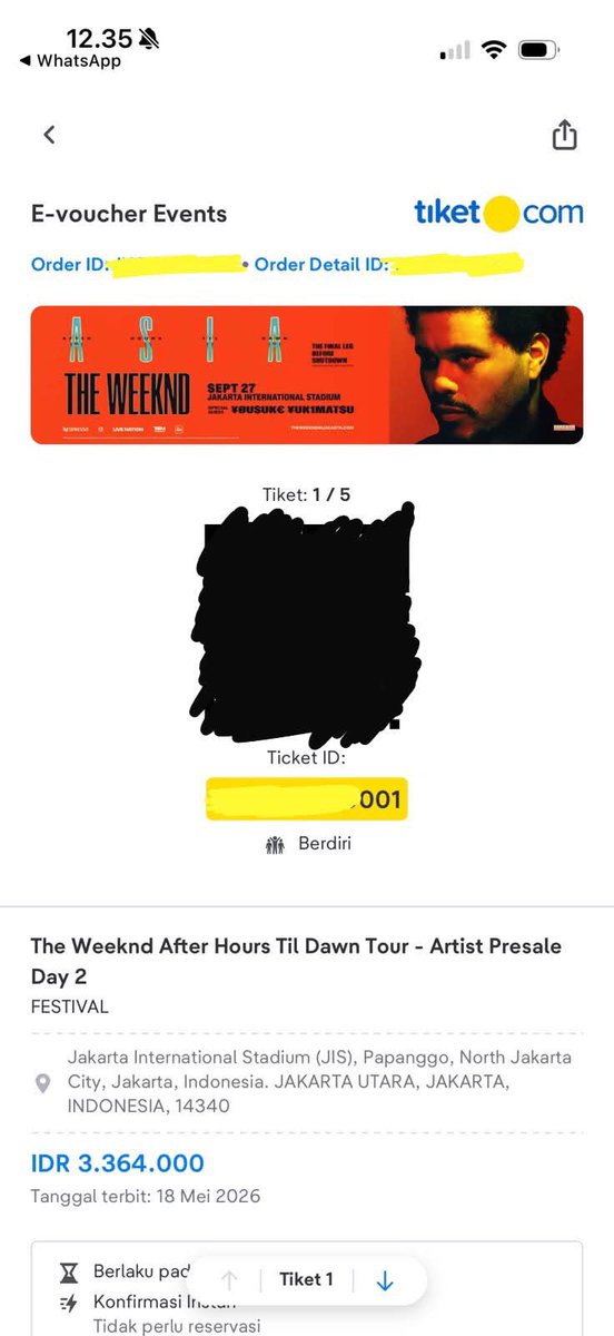 itsdidiiii's tweet photo. WTT The Weeknd JIS Jakarta

Have: Day 2 Festival (Artist Presale) 2 tix
Want: Day 1 Festival 2 tix

Trade karena berhalangan di Day 2 🥹🙏 kita trade dalam bentuk tiket/wristband, bisa ketemu di daerah Jakarta

#theweeknd https://t.co/wEB60azylm