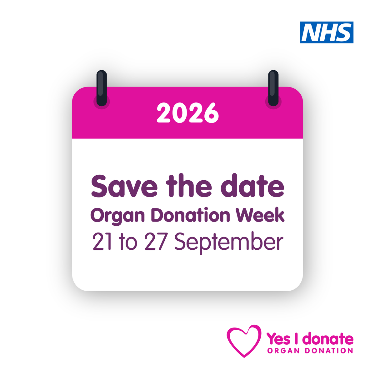Calendar page highlighting Organ Donation Week from 21 to 27 September 2026 with NHS logo and donation heart symbol.
