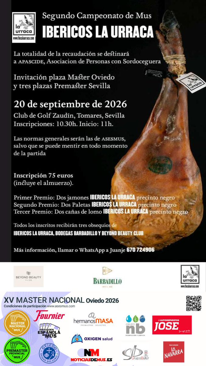 APASCIDE's tweet photo. II Campeonato Solidario de Mus Ibéricos La Urraca a favor de @APASCIDE 

20/09. 11h. Club Zaudín (Tomares, Sevilla)

75€ (Incluye almuerzo)

Inscríbete: 670724906 hasta el 17/09

Juego, tradición y generosidad unidos por una buena causa.

#sordoceguera #sordociegos #discapacidad https://t.co/YmncPtcSPY