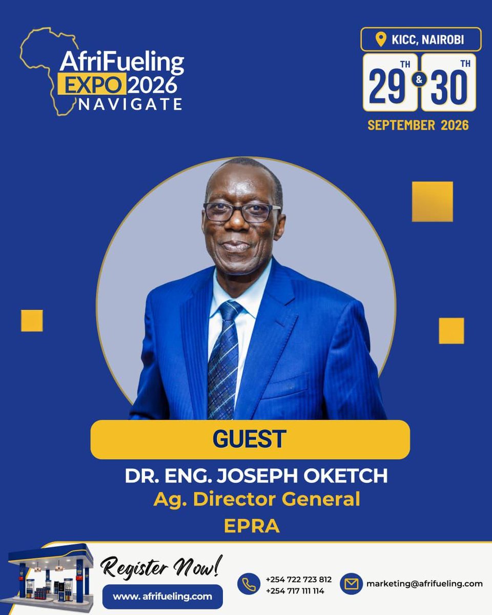 EPRA_KE's tweet photo. We are pleased to announce that our Director General, Dr. Eng. Joseph Odongo Oketch, will be participating in the Afrifueling EXPO 2026, taking place at the Kenyatta International Convention Centre (KICC), Nairobi, on 29th and 30th September 2026.

The expo will bring together key stakeholders and industry leaders to engage on emerging opportunities, innovations, and developments shaping the energy and fuel sector with meaningful conversations that advance the sector and foster sustainable growth. For more details visit @ExpoAfrifueling