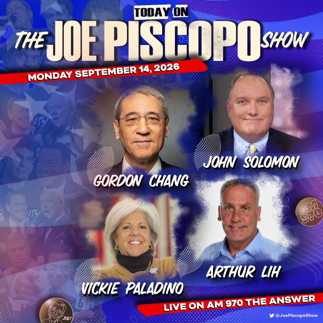 JoePiscopoShow's tweet photo. TODAY with @JrzyJoePiscopo:
• @VickieforNYC 
• @jsolomonReports 
• @WhizBuckleyNFH 
• @GordonGChang 
• Arthur Lih (@LifeVac)
• @tomdelbeccaro 
+ @joeysib, @algattullo &amp; MORE!

🎙️ Listen LIVE anywhere: https://t.co/LpqXjUTzbT https://t.co/Rj3SqwufCE