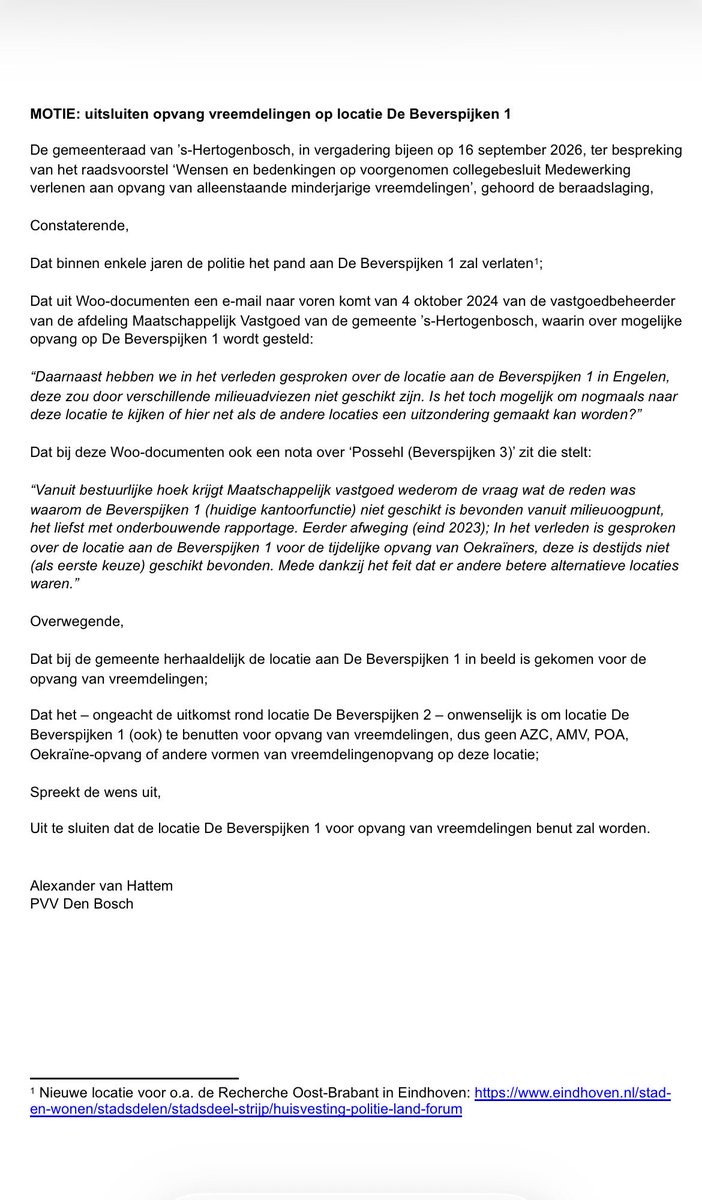 AWJAvanHattem's tweet photo. #PVV #DenBosch heeft alvast 3 moties ingediend over de AMV/POA-opvang in #Engelen voor de raad van 16/9: GÉÉN medewerking verlenen aan locatie De Beverspijken 2, NERGENS in onze gemeente een AMV/POA en ook GEEN vreemdelingenopvang op De Beverspijken 1 #GEENAMV #GEENAZC https://t.co/ZYOm9ZIEYm