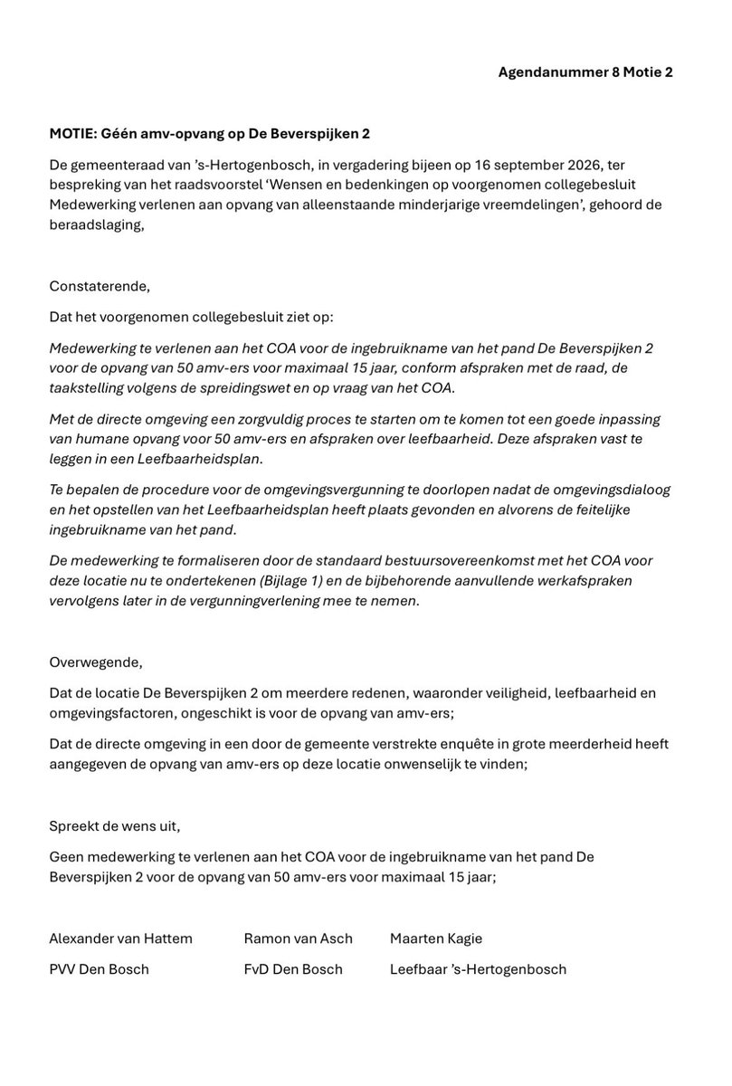 AWJAvanHattem's tweet photo. #PVV #DenBosch heeft alvast 3 moties ingediend over de AMV/POA-opvang in #Engelen voor de raad van 16/9: GÉÉN medewerking verlenen aan locatie De Beverspijken 2, NERGENS in onze gemeente een AMV/POA en ook GEEN vreemdelingenopvang op De Beverspijken 1 #GEENAMV #GEENAZC https://t.co/ZYOm9ZIEYm