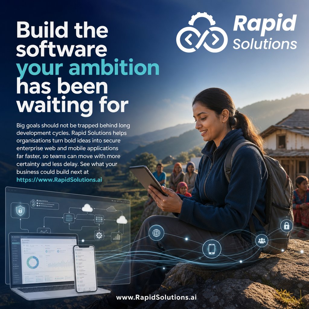 RapidSolutionsX's tweet photo. Build the software your ambition has been waiting for

Big goals should not be trapped behind long development cycles. Rapid Solutions helps organisations turn bold ideas into secure enterprise web and mobile applications far faster, so teams can move with more certainty and less delay. See what your business could build next at https://t.co/DNupuYRhrB