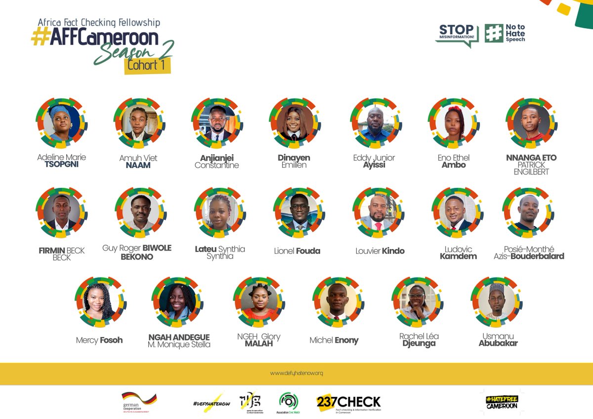 237check's tweet photo. 🌟 Meet our Fellows 🌟
20 Fellows have joined #AFFCameroon Season 2 – Cohort 1.
Over 3 months, they will strengthen their #FactChecking skills to combat disinformation, including AI-driven disinformation.
Join us in welcoming them👏
#ThinkB4UClick #defyhatenow https://t.co/tsMsHMiOYX