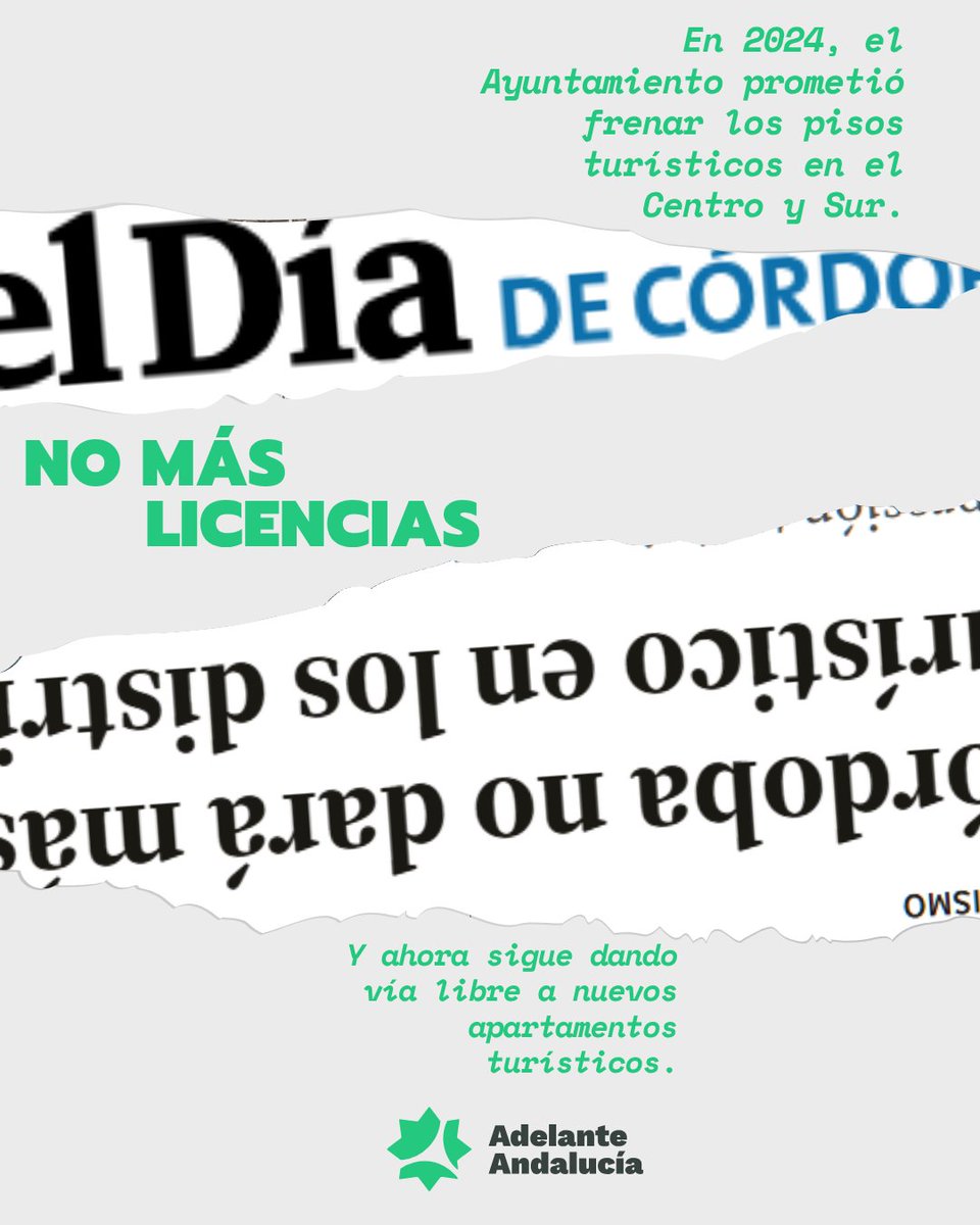 Adelante_Cord's tweet photo. Prometieron parar las licencias turísticas en el Centro. Ahora autorizan 15 nuevos apartamentos turísticos.

Más turistas, menos vecinos. Así se vacían nuestros barrios.

Córdoba necesita vivienda para vivir, no más negocio turístico. https://t.co/sJjxcNRpUu