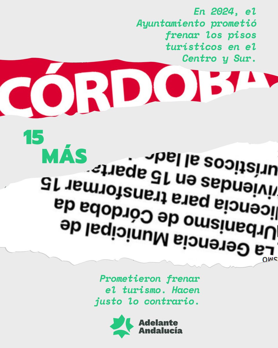 Adelante_Cord's tweet photo. Prometieron parar las licencias turísticas en el Centro. Ahora autorizan 15 nuevos apartamentos turísticos.

Más turistas, menos vecinos. Así se vacían nuestros barrios.

Córdoba necesita vivienda para vivir, no más negocio turístico. https://t.co/sJjxcNRpUu
