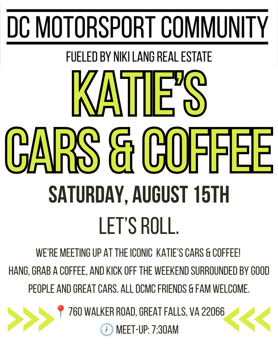 MichaAurelia's tweet photo. This weekend with DCMC: Cars &amp; Coffee in Great Falls Saturday, then INDYCAR 101 and the Markham race at Problem Child Sunday. Two meetups, one week until Freedom 250 weekend in DC. https://t.co/ostCdoBjUU