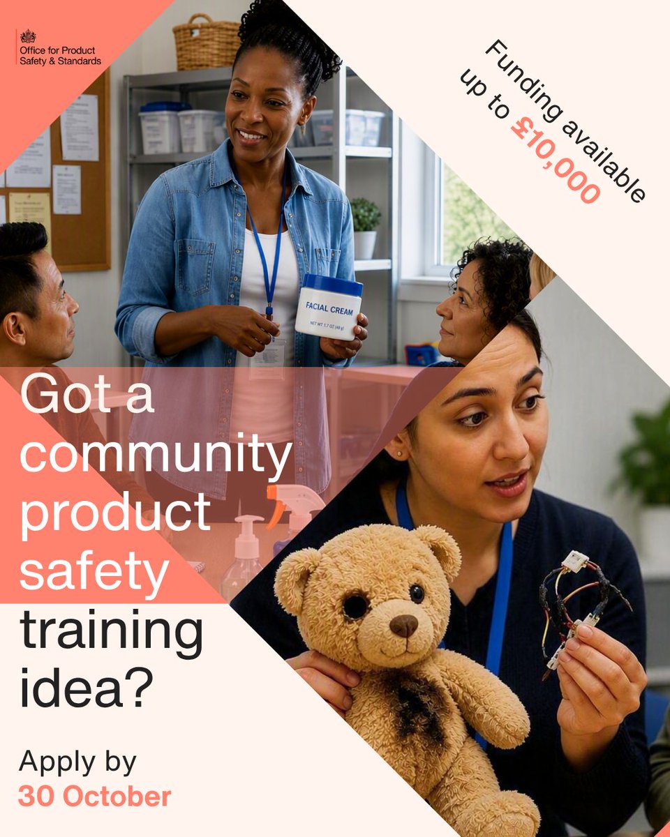 OfficeforSandS's tweet photo. Community group? Charity? Local organisation?

Apply for up to £10,000 to deliver a product safety community training project. 

📅 Deadline: 30 October 2026 OPSS community funding for product safety - https://t.co/NqW00VBemU 

#ProductSafety #CommunityEngagement https://t.co/kFVmC92zke