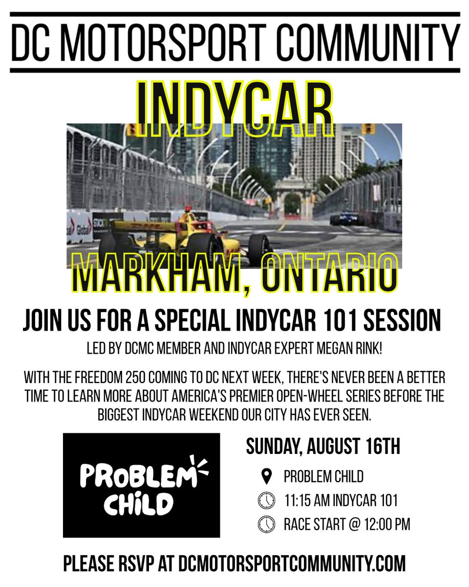 MichaAurelia's tweet photo. This weekend with DCMC: Cars &amp; Coffee in Great Falls Saturday, then INDYCAR 101 and the Markham race at Problem Child Sunday. Two meetups, one week until Freedom 250 weekend in DC. https://t.co/ostCdoBjUU