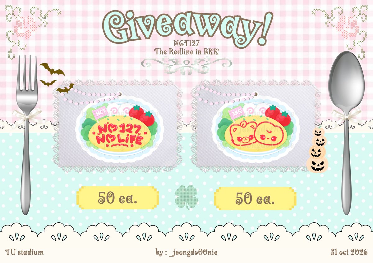 _jeongdo00nie's tweet photo. rt ㅡ peekaboo!👩🏻‍🍳💬
 
giveaway ໒ ྀི #THE_REDLINE_BANGKOK  ྀིა

omurice acrylic keychain , 🍳
✿ no 127 no life
✿ bokbbang ( for 𝒥𝒶𝑒𝒟𝑜 shipper )

/ 1 ea : 1 person 🍽️ /

ㅡ 🎃 31 oct
ㅡ 🏚️ tu stadium 

#NCT127_5TH_NEOCITY_THE_REDLINE 
#NCT127_5TH_NEOCITY_BANGKOK_THE_REDLINE https://t.co/b1CxTZsfMK
