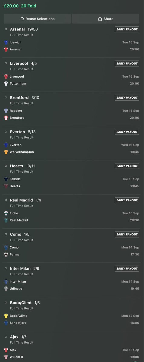 Footy_Tipsters's tweet photo. 20 teams for the win this week 💰
Across the week accumulator 

£20 returns £19,117.87
Like ❤️ if you’re on

Add To Your Bet Slip 📲
🔗 https://t.co/Dt8NBfqyBV https://t.co/UpVODklMmi