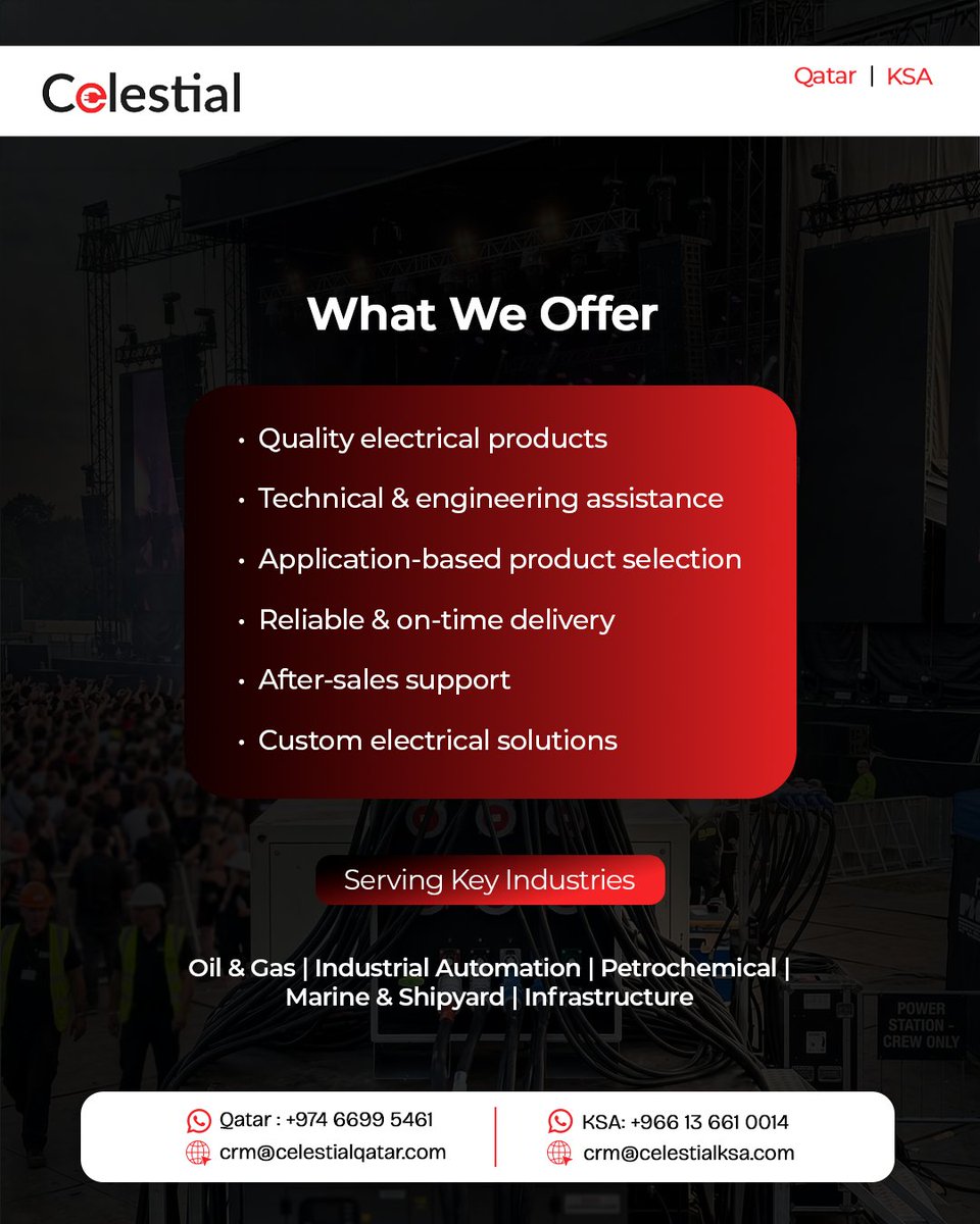 Celestial_trd's tweet photo. Reliable electrical supply needs more than products.

Celestial Trading provides quality solutions, engineering support, on-time delivery and after-sales assistance across Qatar &amp; Saudi Arabia. 

#CelestialTrading #ElectricSolutions #ElectricSupport https://t.co/9iExk2XNGy