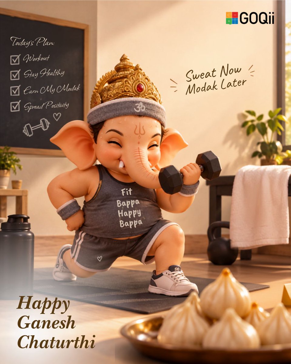 GOQii's tweet photo. This Ganesh Chaturthi, even Bappa knows… modaks taste better after a good workout!

Here’s to celebrating with devotion, movement, and a little indulgence too.
Because a healthy lifestyle is all about balance. 

Ganpati Bappa Morya! 🙏 https://t.co/z1AUbeqKz1