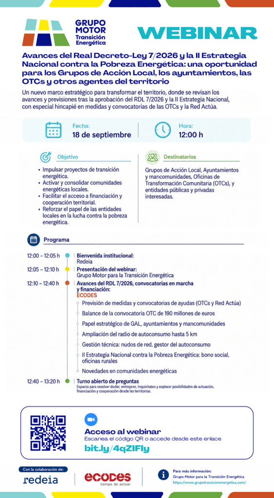 ecodes's tweet photo. ⚡️ ¿Qué oportunidades se abren para los territorios con los últimos avances en transición energética? 

El 18/09 a las 12:00h, nuestro compañero Carlos Pesqué participará en un webinar sobre los avances del Real Decreto-Ley 7/2026 y la II Estrategia Nacional contra la Pobreza Energética 2026-2030.