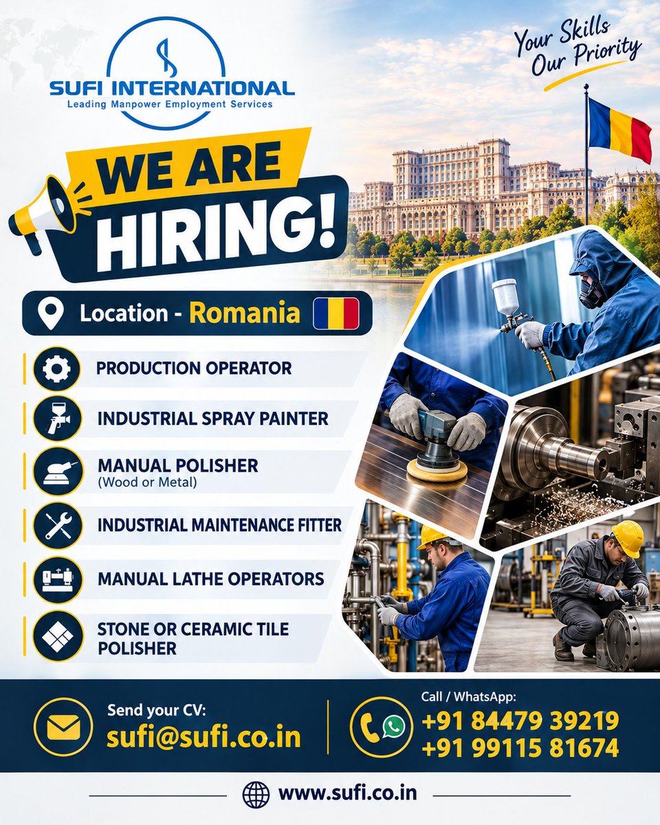 SufiInternatio1's tweet photo. WE ARE HIRING 

LOCATION- ROMANIA! 

🔹 Production Operator
🔹 Industrial Spray Painter
🔹 Manual Polisher
🔹 Industrial Maintenance Fitter
🔹 Manual Lathe Operator
🔹 Stone/Ceramic Tile Polisher

📩 Send your CV: sufi@sufi.co.in

Call : +91 84479 39219 | +91 99115 81674

#Hiring https://t.co/Xk6BiPBLKu