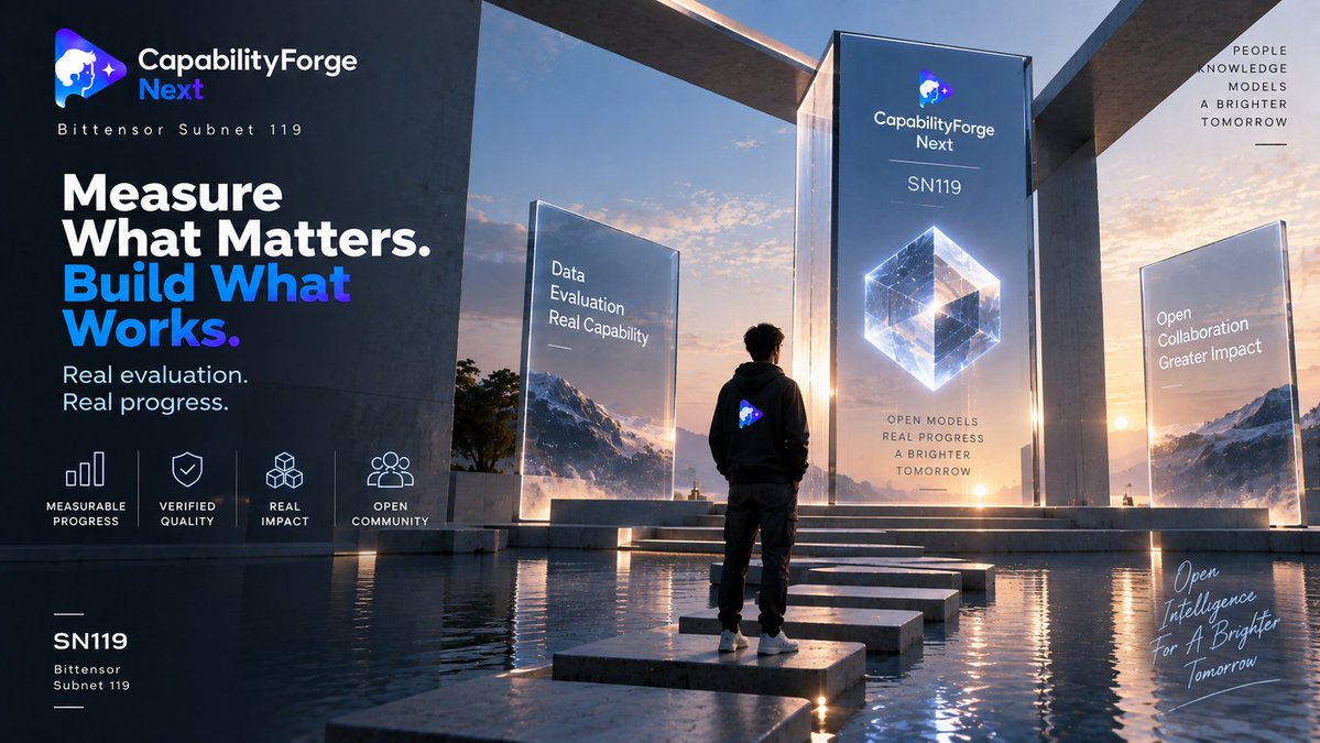 CFNextAI's tweet photo. Real AI progress should be measurable and verifiable. 🧠📊

On SN119, model updates are driven by evaluation results — not training scale alone.

Measure what matters. Build what works. ⚡

#Bittensor #TAO #AI #MachineLearning #OpenAI https://t.co/Vw69j4znXz