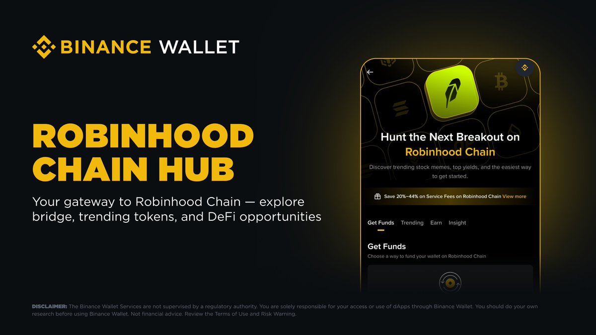 BinanceWallet's tweet photo. Hunt the next breakout on Robinhood Chain — right inside Binance Wallet.

Getting started is easy: bridge your funds from BNB Chain to Robinhood Chain in just a few taps. No hassle, no extra accounts.

Once you're in, discover trending stock memes, top yields, and more — all in one place. Plus, enjoy 20% off service fees on Robinhood Chain now.