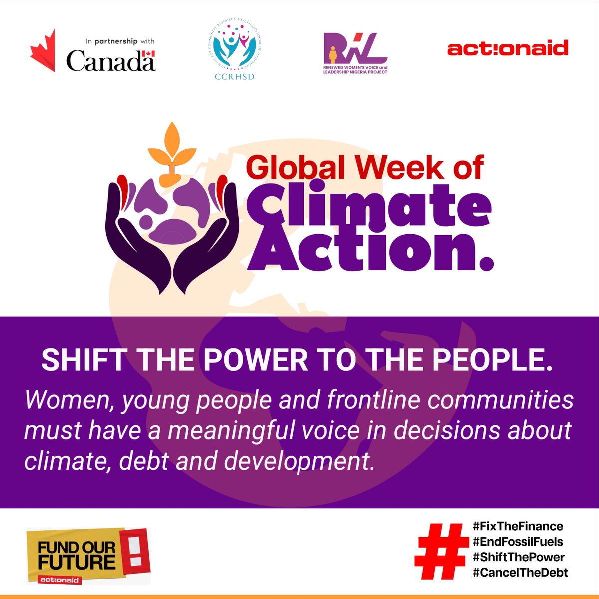 CCRHSD_NIGERIA's tweet photo. Shift the Power to the People! 

Women, young people, and frontline communities must have a meaningful voice in decisions that shape climate, debt, and development.

Climate action must be people-centred, inclusive, and driven by the voices of those most affected.

It’s time to shift the power to the people. ✊🏾
Funded by @CanHCNigeria and supported by @ActionAidNG  

#ShiftThePower
#CancelTheDebt
#AllNigerianWomenMatter