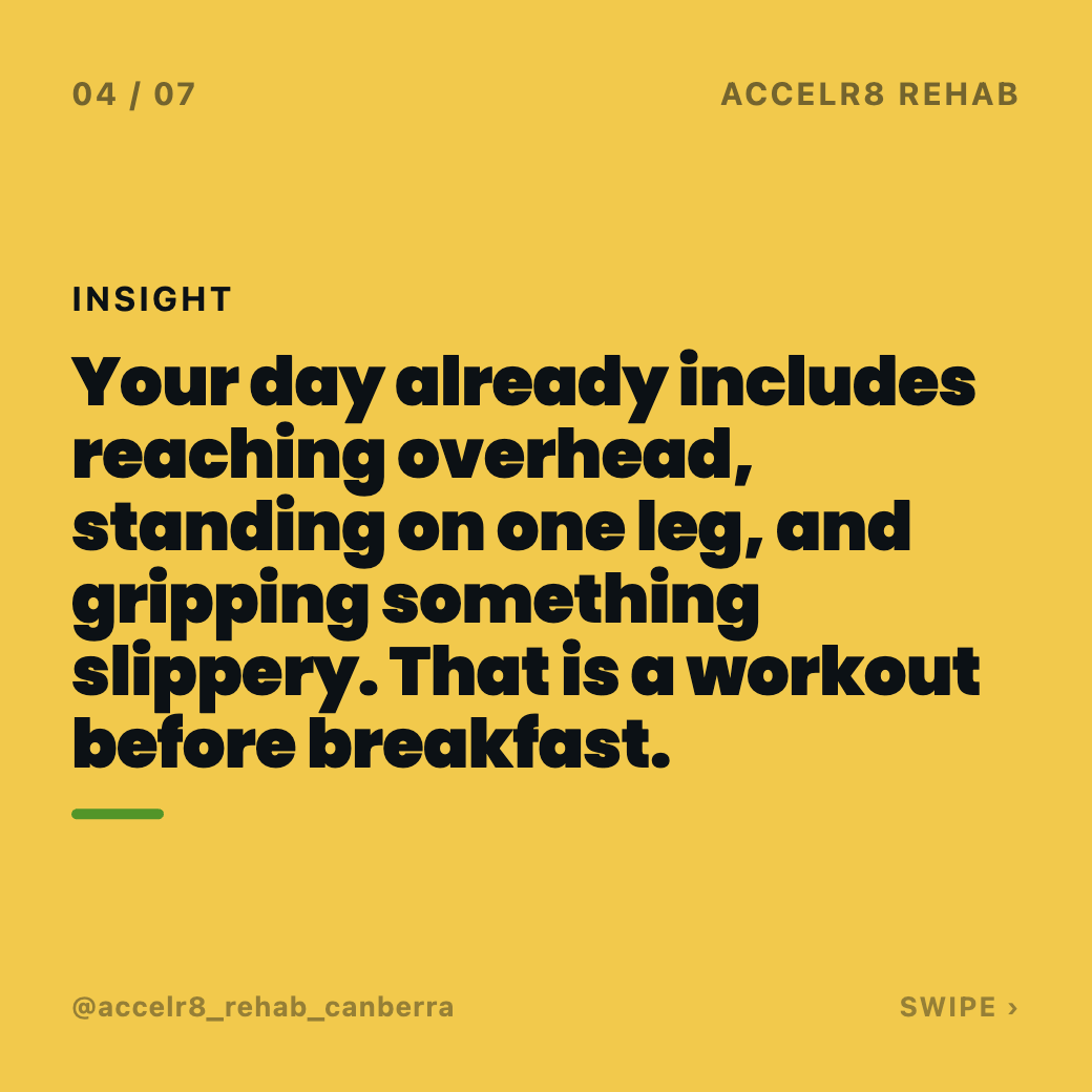 Dannyos's tweet photo. Generic fitness advice assumes an average day. Yours already includes reaching, standing, and gripping in the shower before breakfast. That counts. We build plans around your actual day, not a template. #Accelr8Rehab https://t.co/uYV2VGCgxn
