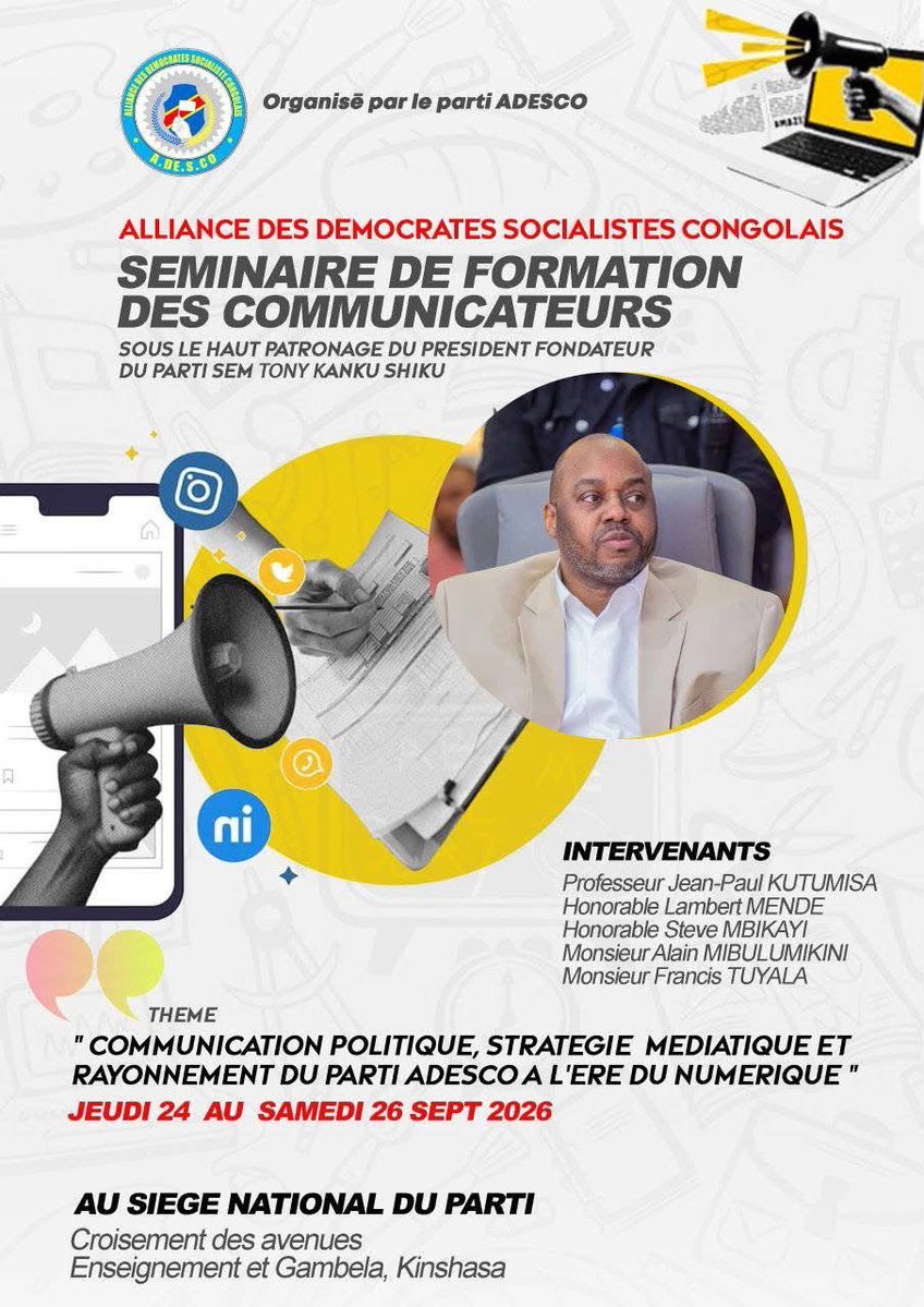 JoeBompaka's tweet photo. À l’ère du numérique, la communication politique est devenue une véritable arme stratégique.

Je salue l’organisation par l’ADESCO de ce séminaire consacré à la formation de ses communicateurs. Maîtriser l’information, structurer un message, comprendre les dynamiques des réseaux sociaux sont désormais des compétences indispensables à toute organisation politique moderne.

Former les communicateurs, c’est professionnaliser la parole politique et renforcer la capacité du parti à expliquer ses idées, défendre son projet et structurer durablement son rayonnement.

Joe Bompaka
Conseiller spécial de Son Excellence Tony Kanku Shiku

#ADESCO #RDC #CommunicationPolitique #Stratégie #Numérique