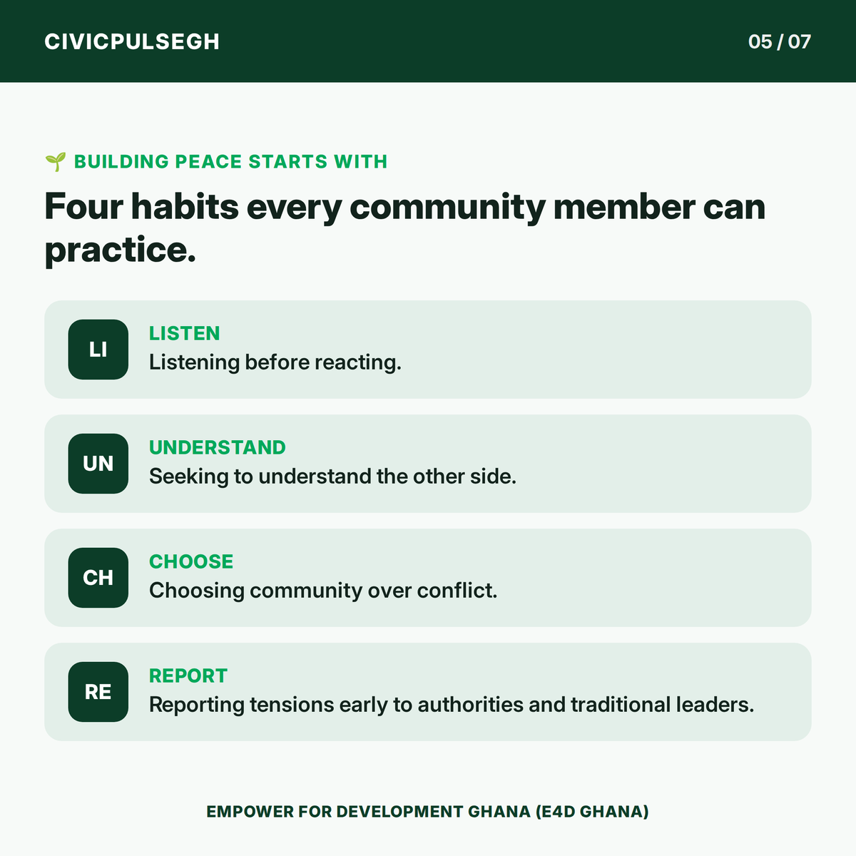e4dghana's tweet photo. Building peace means addressing what causes conflict — and making choices that bring people together.

(2/2)

#CivicPulseGH #Peacebuilding #PositivePeace #Ghana https://t.co/iGihZgaLZD