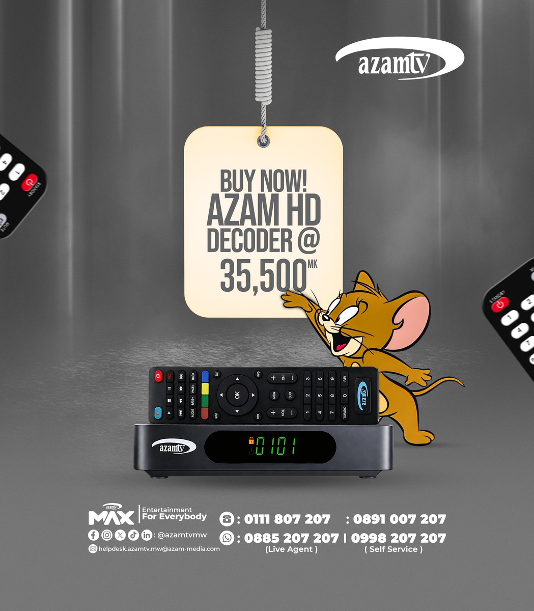 Azamtv_MW's tweet photo. 📺 LEVEL UP YOUR HOME EXPERIENCE! 🔥

Say goodbye to ordinary viewing. Get the Azam HD Decoder for just K35,500! 🚀

✅ Stunning HD quality 🎥
✅ Live sports &amp; movies ⚽🎬
✅ Kids &amp; family entertainment 👨‍👩‍👧‍👦
ONE DECODER. ENDLESS ENTERTAINMENT. 🔥

#AzamTVMalawi #AzamHDDecoder https://t.co/Qrxp5rrP1k