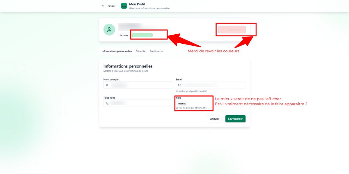 sibyog13's tweet photo. Hello,Le site est de nouveau en ligne, mais il reste encore quelques améliorations et corrections à apporter.

Comme indiqué dans les captures d’écran :

Profil – Champ « Rôle » : le mieux serait de ne pas afficher ce champ. Est-il vraiment nécessaire de le faire apparaître ?
Couleurs : merci de revoir les couleurs de certains boutons afin d’avoir une meilleure cohérence visuelle.
Footer : les liens suivants affichent actuellement « Canal non trouvé » :FAQ : https://t.co/avmCeKQh3a
Guide d’utilisation : https://t.co/dYskCy8PyK
Contact : https://t.co/tb9cLC9vdc
Mentions légales : https://t.co/K4nS9oATg7

Si ces fonctionnalités ne sont pas encore développées, il serait préférable d’afficher la mention « En cours de développement » ou de retirer temporairement les liens concernés.
Merci également de vérifier les autres éléments signalés dans les captures d’écran.