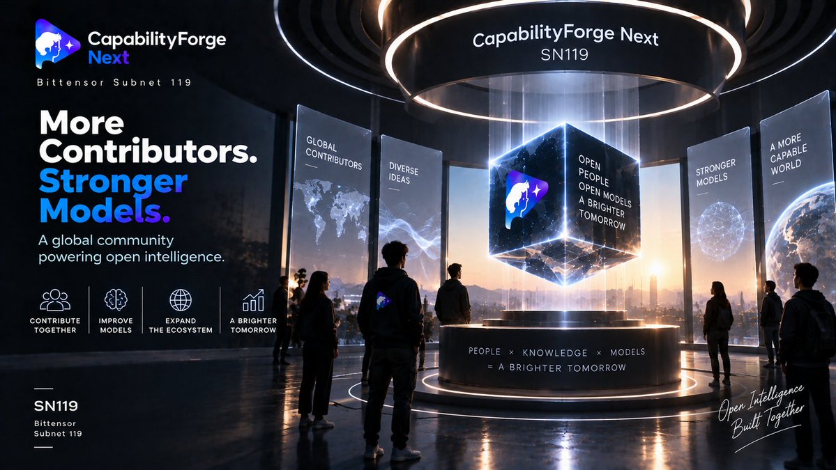 CFNextAI's tweet photo. The ceiling of open models is pushed by the community. 🌐🧠

At CapabilityForge Next, every contributor can help advance model capabilities across SN119.

More contributors. Stronger models. ⚡

#Bittensor #TAO #AI #OpenModels #Web3 https://t.co/wComsJLgxq