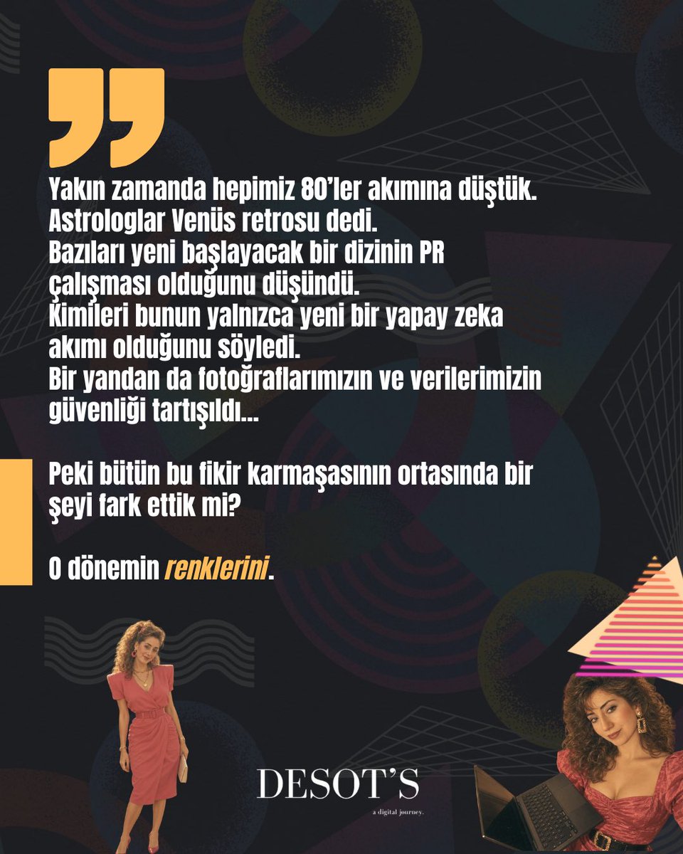 desotsmagazine's tweet photo. 80’ler akımı üzerine pek çok şey söylendi. Bizim dikkatimizi ise fotoğraflardaki renkler çekti.

80’ler modasının hafızada kalan renkli yüzü, bugünün sade estetiği hakkında ne söylüyor?

Sizce bu sadeleşme kişisel bir tercih mi, ortak bir estetik mi?

#80lerAkımı #80lerModası https://t.co/GY9dc9qUEM