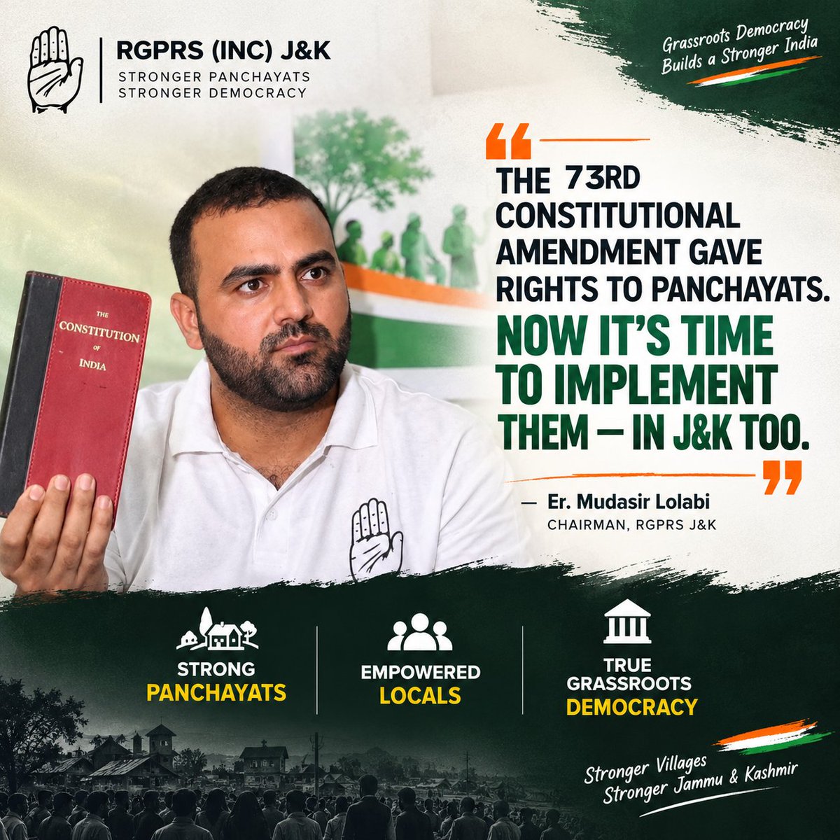 RGPRSJKOFFICIAL's tweet photo. 📖🇮🇳 Er. Mudasir Lolabi emphasizes the vision of the 73rd Constitutional Amendment and the need to strengthen Panchayati Raj Institutions in J&amp;K.
Strong Panchayats. Strong Democracy.
#RGPRSJK #PanchayatiRaj #GrassrootsDemocracy #JammuAndKashmir https://t.co/pApDbTdoST