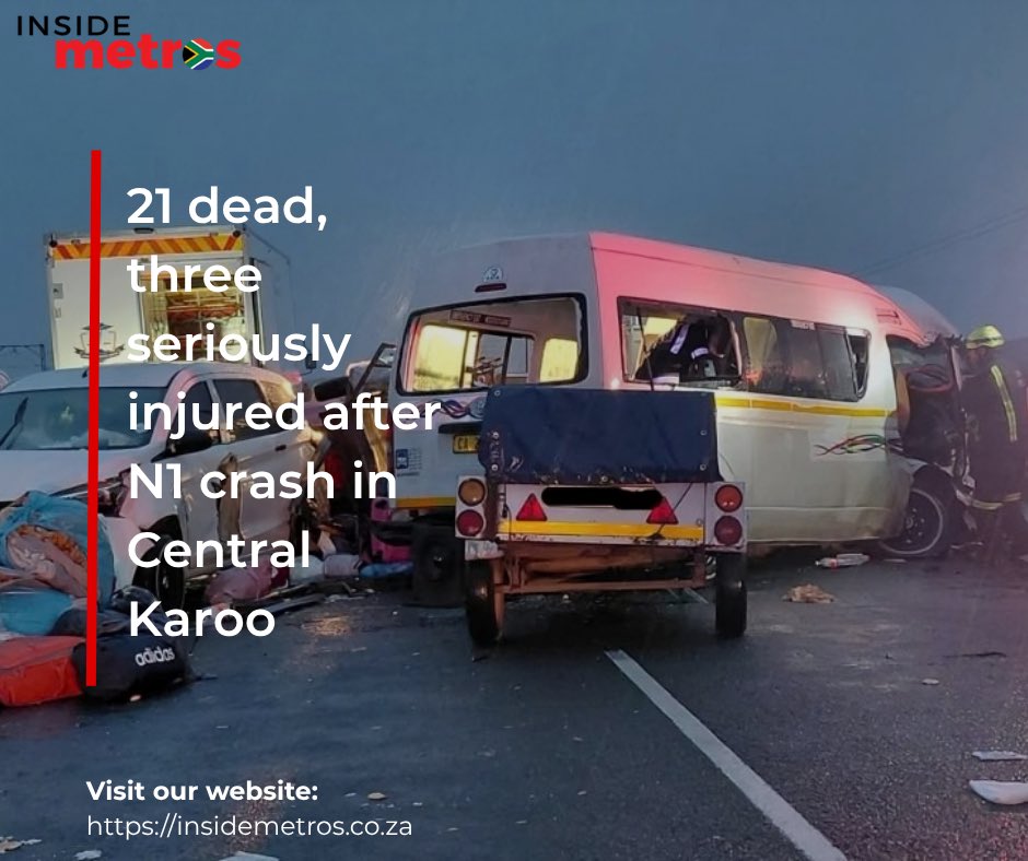 insidemetrosza's tweet photo. About 21 people have been killed and three others seriously injured in a crash on the N1 near #PrinceAlbertRoad in the #WesternCape #CentralKaroo. The crash involved two minibus taxis and another vehicle.
Read https://t.co/A7DqUEK5hT
#insidemetro #southafricannews #MuneeraAllie https://t.co/hWJBtiB7Mr