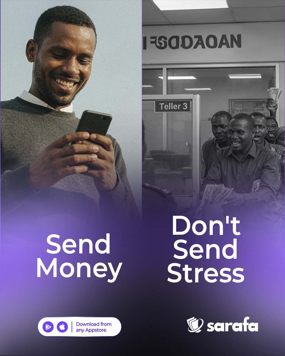SarafaApp's tweet photo. Send money. Not stress. ๐
Skip the queues and unnecessary hassle. Send money with Sarafa- simple, convenient, and built for you.
๐ฒ Download Sarafa.
#Sarafa #SouthSudan #SendMoney https://t.co/0nEgAAADJ6