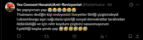 esekbozo's tweet photo. Thalmann'a "revizyonist" demen zaten bütün meselenin özeti. Adam 1944’te öldü; Kruşçev daha iktidarda değilken Thalmann'ı nasıl "revizyonist" yapmayı başardın? Anakronik bir iddia ortaya atman gerçekten ayrı bir seviye. Thalmann'ı ve tarihi düzgün öğren sonra cevap ver. https://t.co/RyTYnnEIId